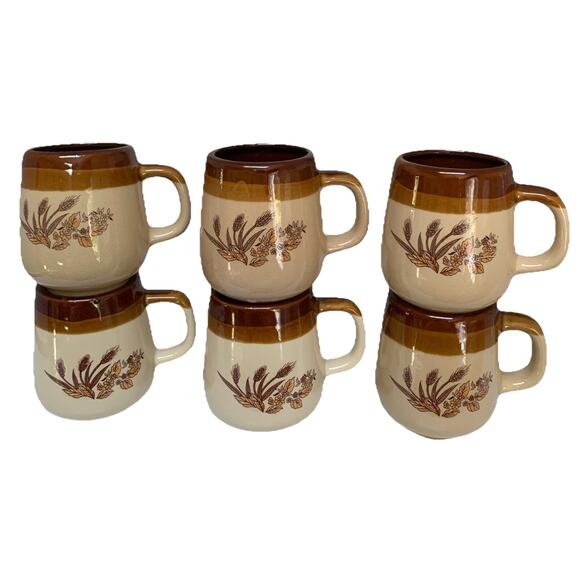 6 Vintage 70’s Country Brown Wheat & Flower Stoneware 10 oz. Coffee Mugs Taiwan - Picture 1 of 5